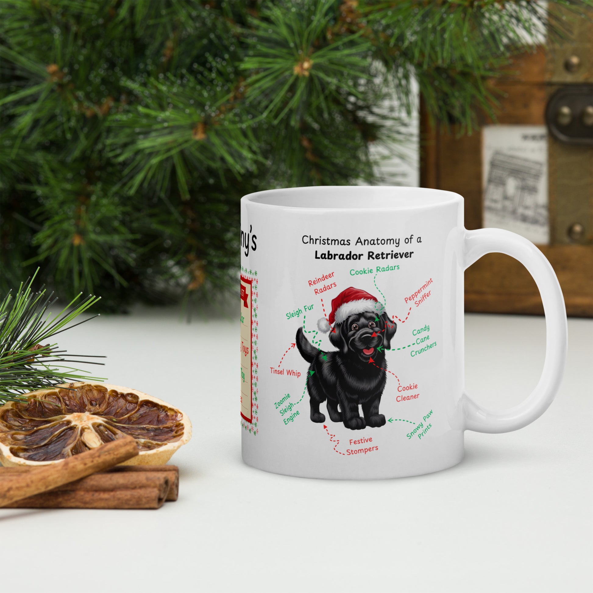 Labrador Retriever (Black) Christmas coffee mug, custom dog anatomy cup, funny holiday gift