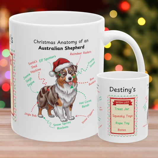 Red Merle Australian Shepherd dog anatomy Christmas mug, personalized festive coffee cup
