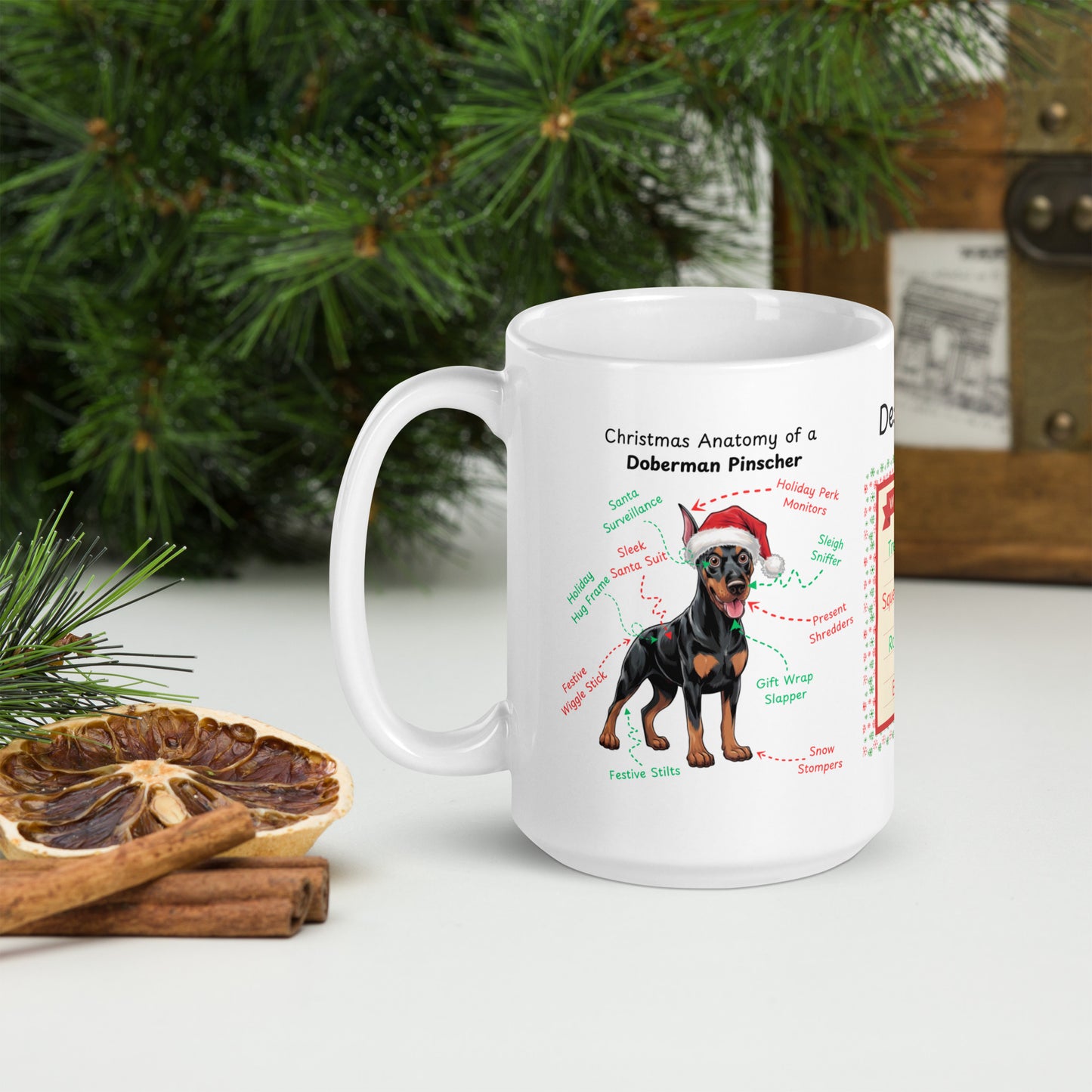 Doberman (Black & Rust) Christmas Mug - custom dog anatomy coffee cup, funny holiday gift for Doberman owners