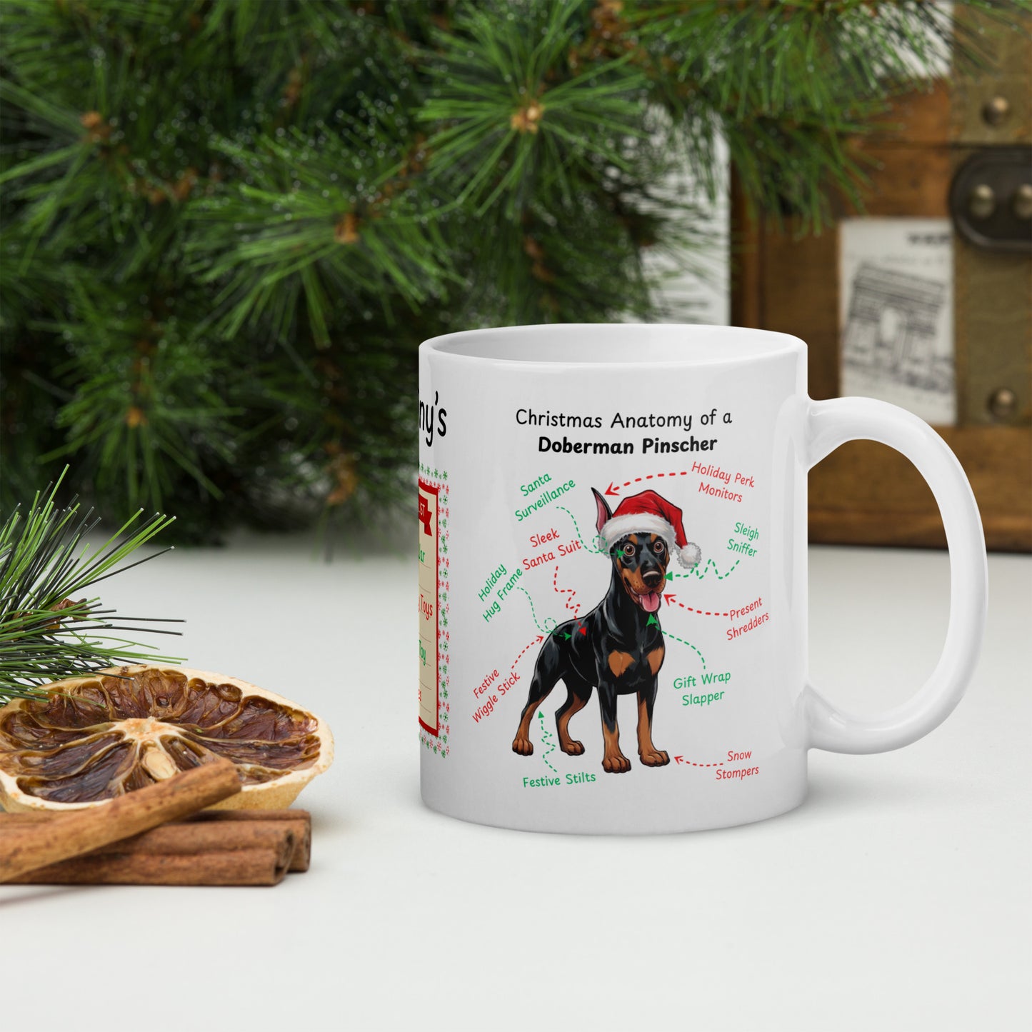 Doberman (Black & Rust) Christmas Mug - custom dog anatomy coffee cup, funny holiday gift for Doberman owners