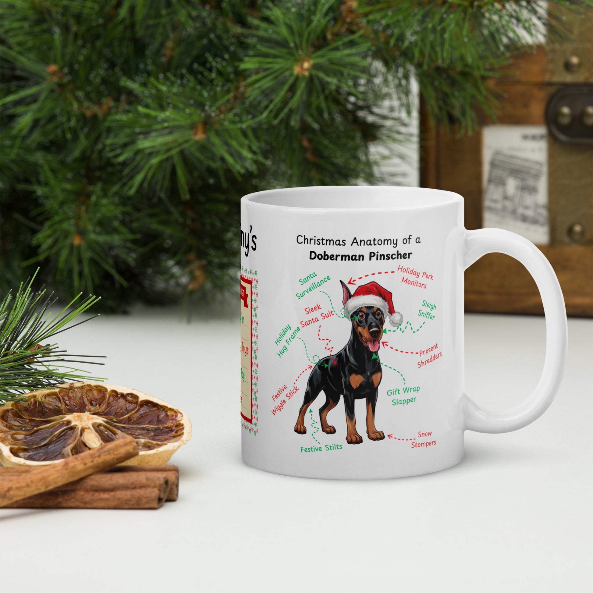 Doberman (Black & Rust) Christmas Mug - custom dog anatomy coffee cup, funny holiday gift for Doberman owners