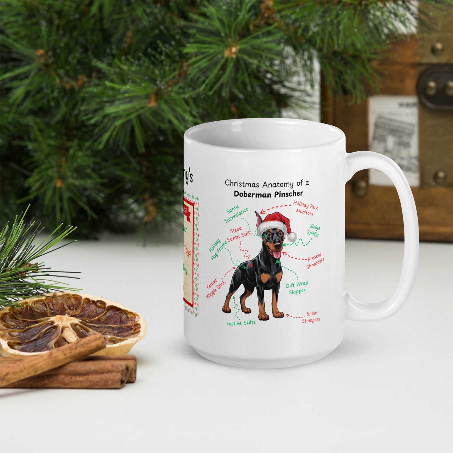 Doberman (Black & Rust) Christmas Mug - custom dog anatomy coffee cup, funny holiday gift for Doberman owners
