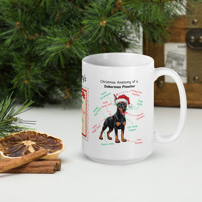Doberman (Black & Rust) Christmas Mug - custom dog anatomy coffee cup, funny holiday gift for Doberman owners
