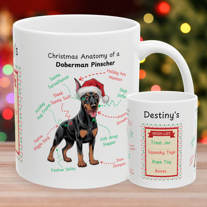 Doberman (Black & Rust) Christmas Mug - custom dog anatomy coffee cup, funny holiday gift for Doberman owners