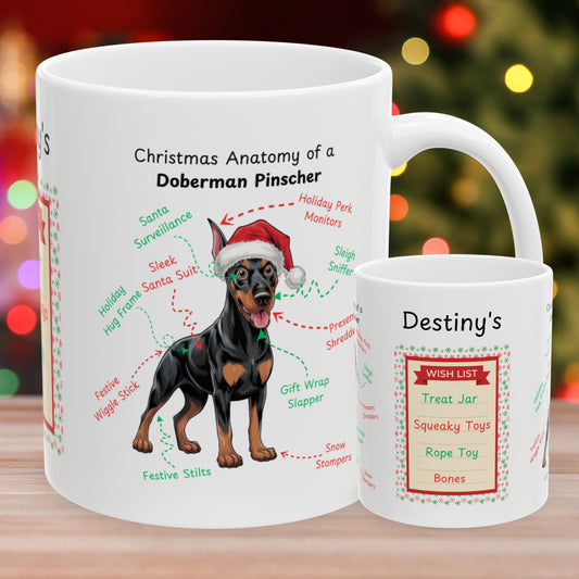 Doberman (Black & Rust) Christmas Mug - custom dog anatomy coffee cup, funny holiday gift for Doberman owners