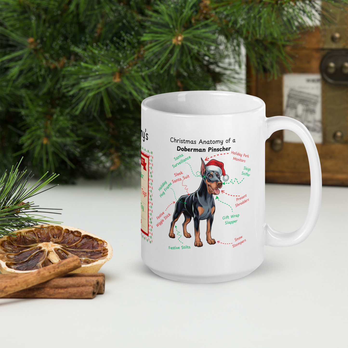 Doberman (Blue & Rust) Christmas Mug - personalized dog breed coffee cup, festive holiday gift for dog lovers