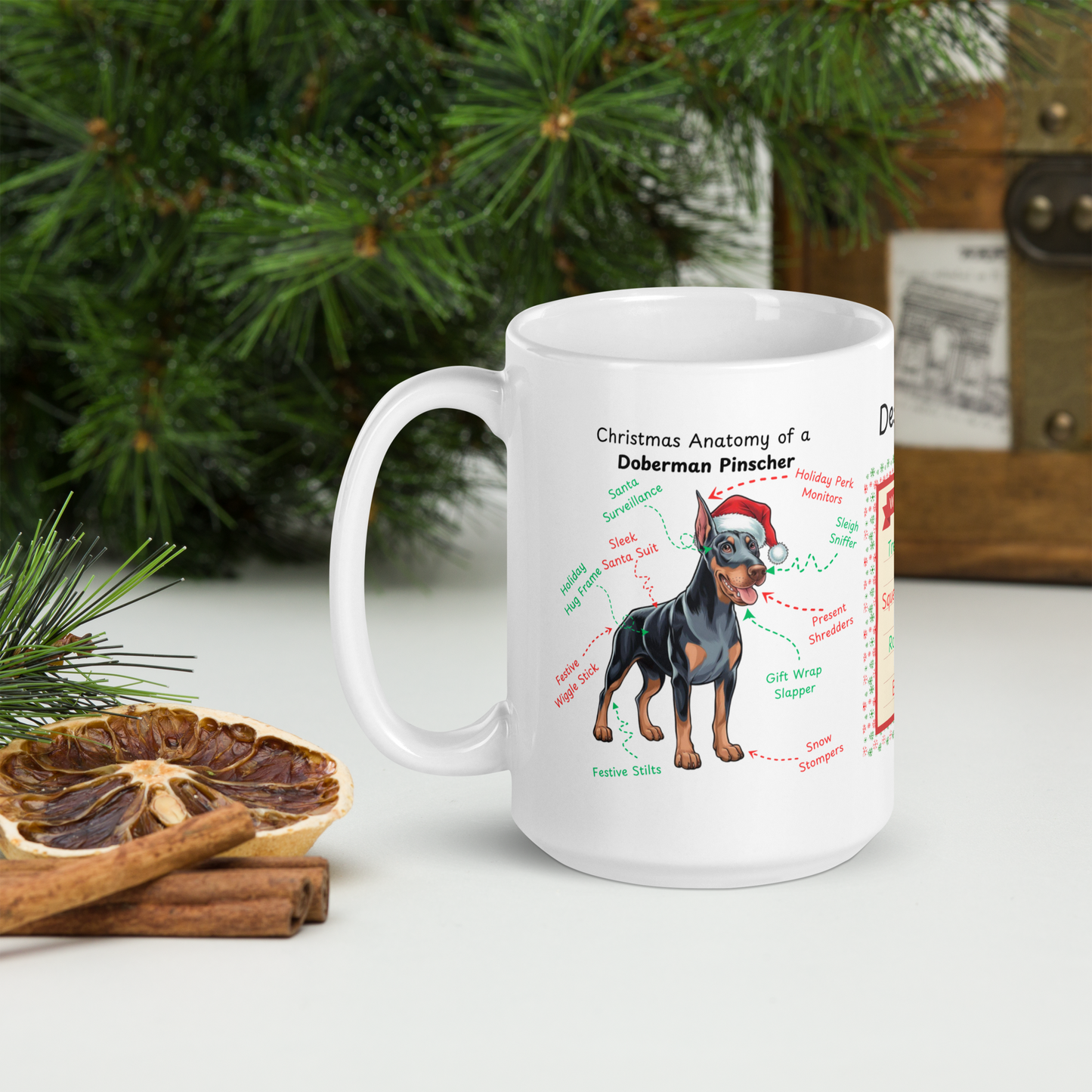 Doberman (Blue & Rust) Christmas Mug - personalized dog breed coffee cup, festive holiday gift for dog lovers
