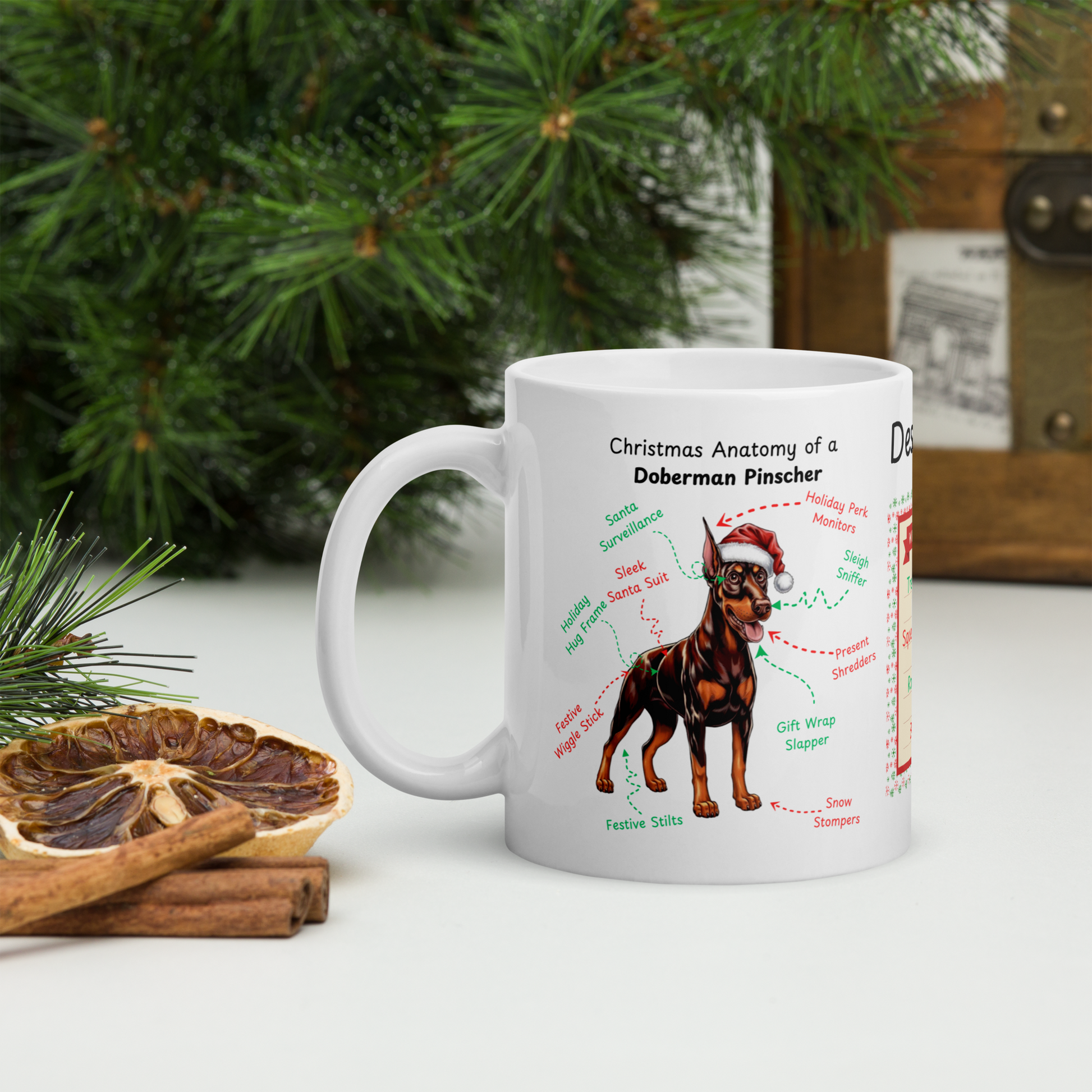 Doberman (Red & Rust) Christmas Mug - personalized dog lover gift, festive dog anatomy coffee cup for holidays