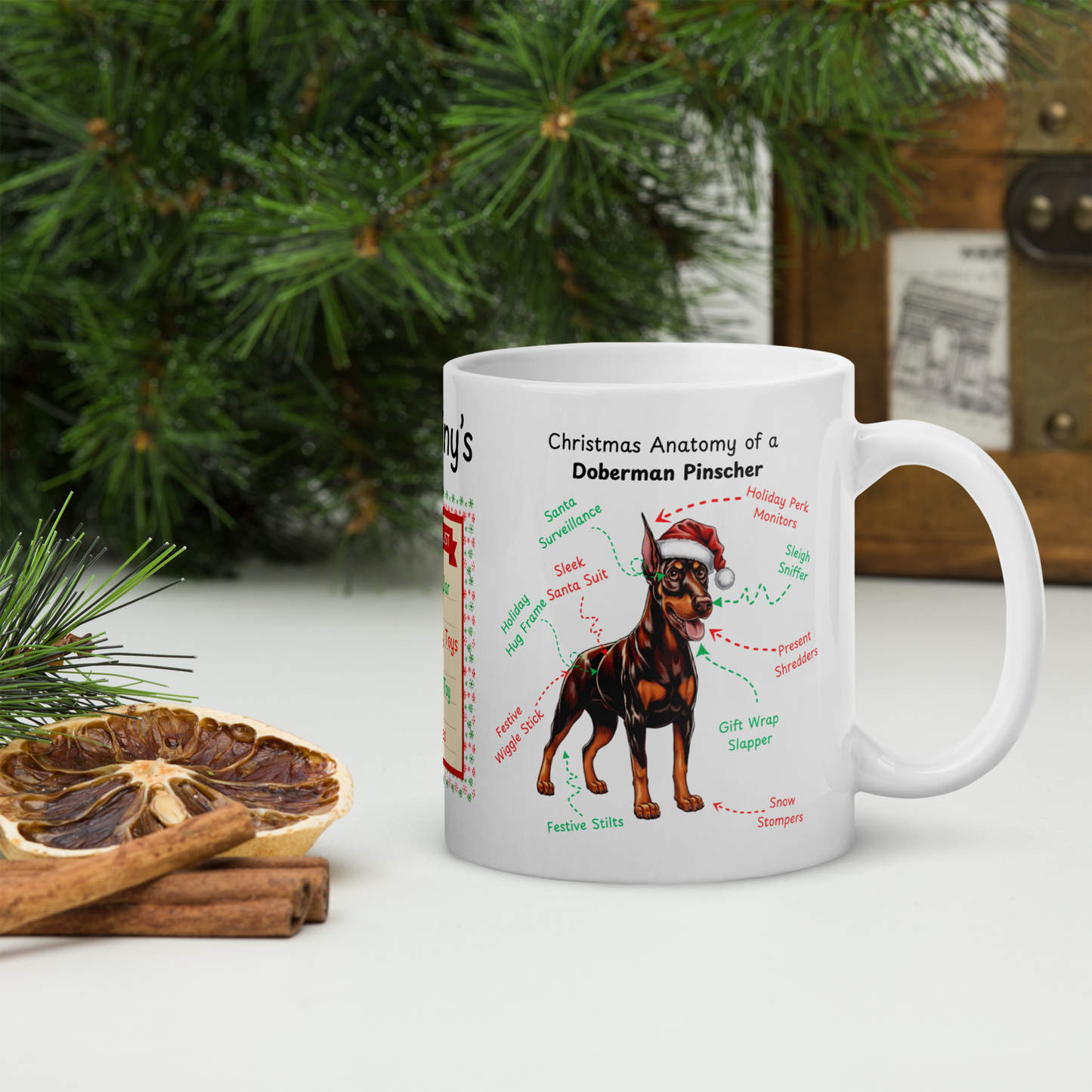 Doberman (Red & Rust) Christmas Mug - personalized dog lover gift, festive dog anatomy coffee cup for holidays