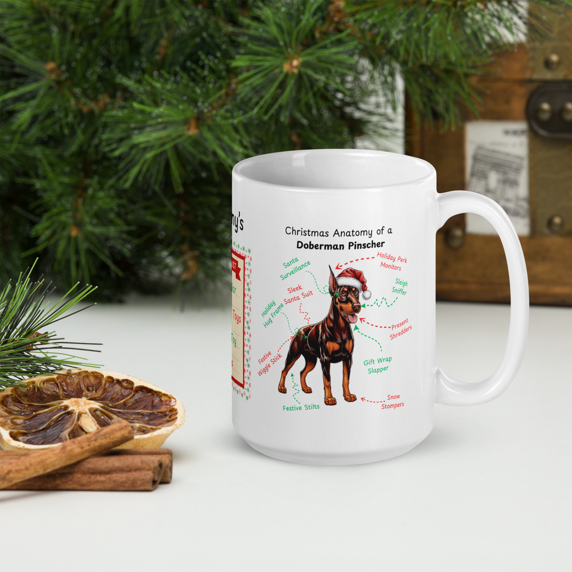Doberman (Red & Rust) Christmas Mug - personalized dog lover gift, festive dog anatomy coffee cup for holidays