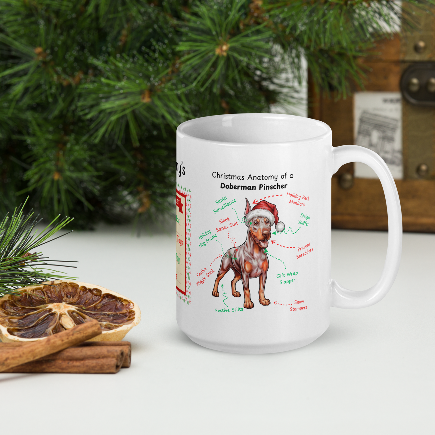 Doberman (Fawn/Isabella) Christmas Mug - custom dog anatomy coffee cup, fun holiday gift for Doberman lovers