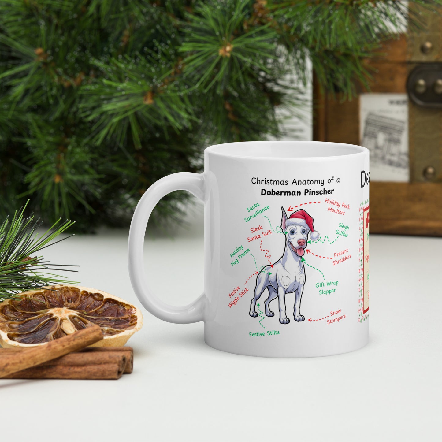 Doberman (White) Christmas Mug - custom dog anatomy coffee cup, perfect holiday gift for Doberman pet parents