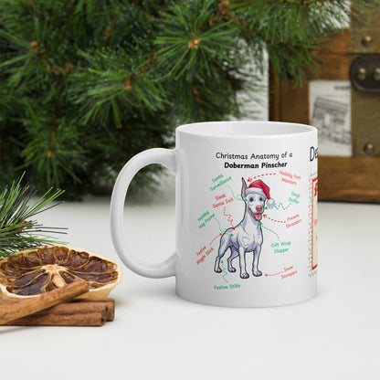Doberman (White) Christmas Mug - custom dog anatomy coffee cup, perfect holiday gift for Doberman pet parents