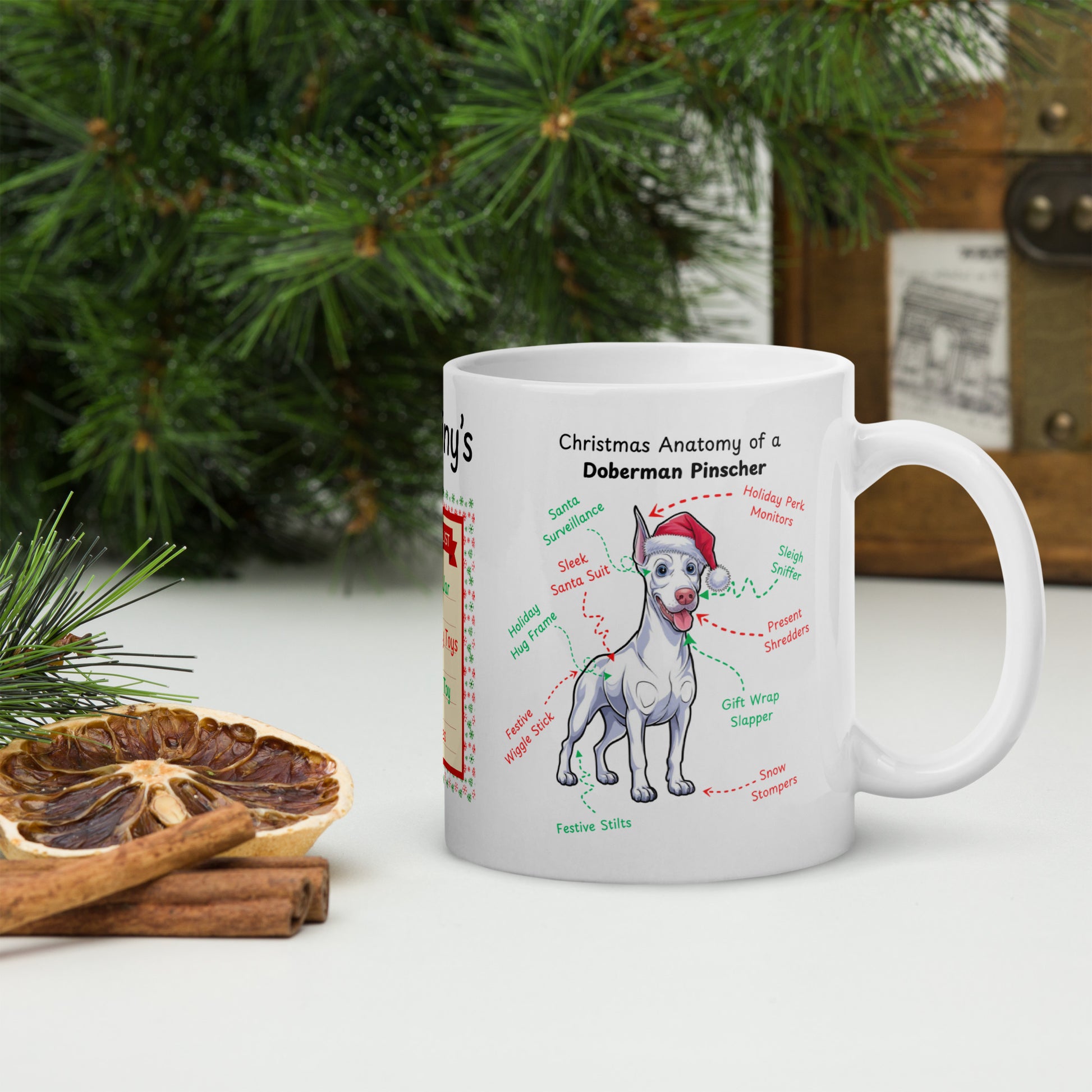 Doberman (White) Christmas Mug - custom dog anatomy coffee cup, perfect holiday gift for Doberman pet parents