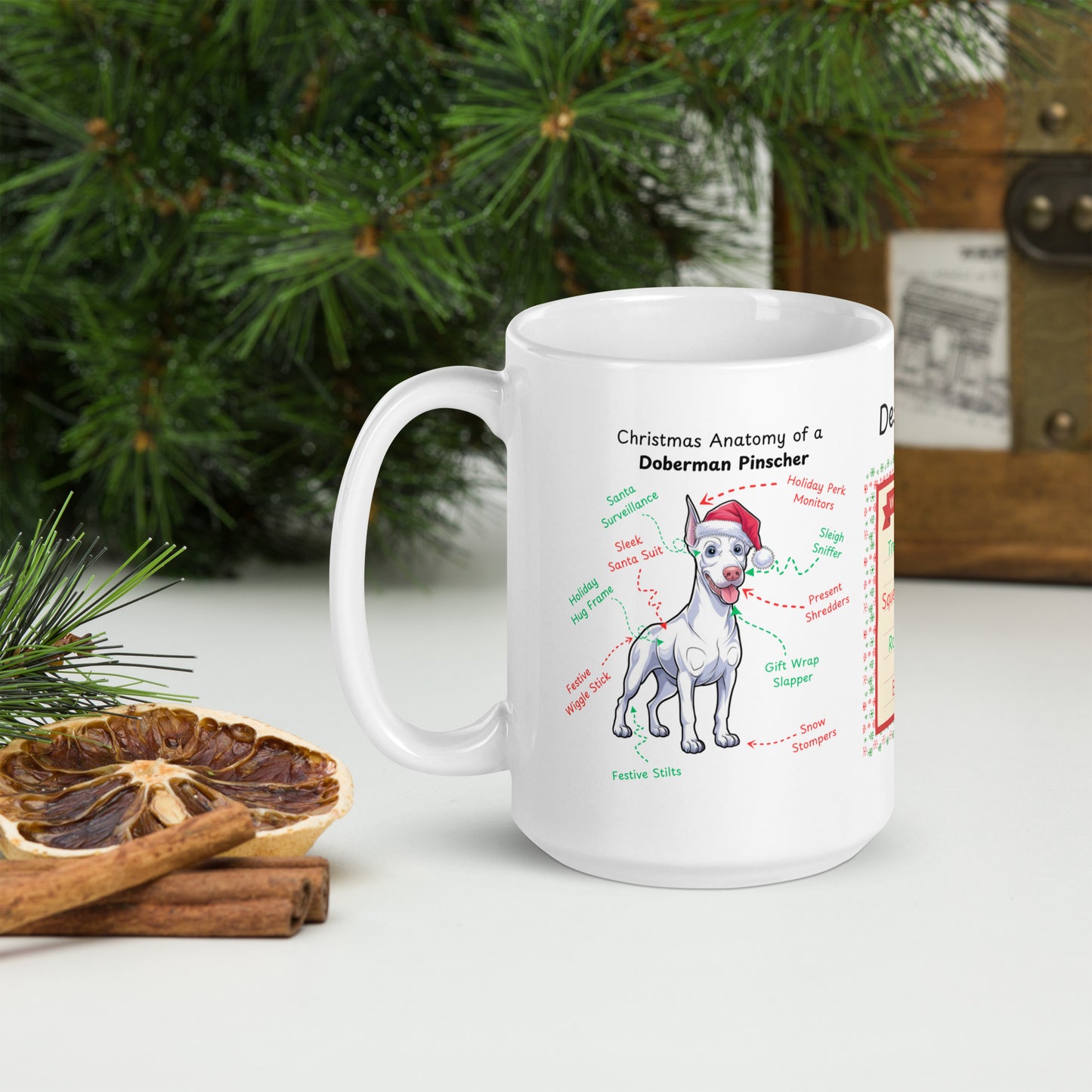 Doberman (White) Christmas Mug - custom dog anatomy coffee cup, perfect holiday gift for Doberman pet parents