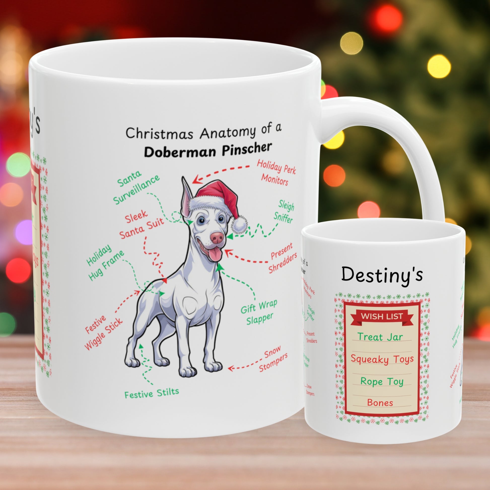Doberman (White) Christmas Mug - custom dog anatomy coffee cup, perfect holiday gift for Doberman pet parents