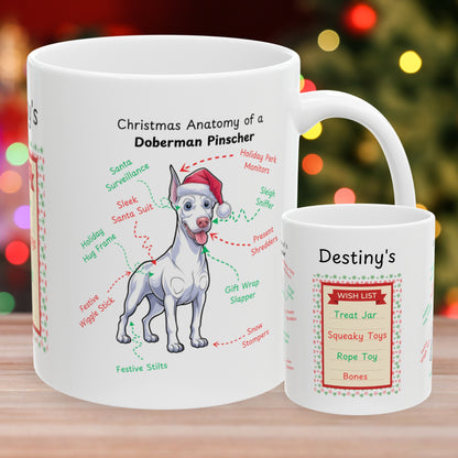 Doberman (White) Christmas Mug - custom dog anatomy coffee cup, perfect holiday gift for Doberman pet parents