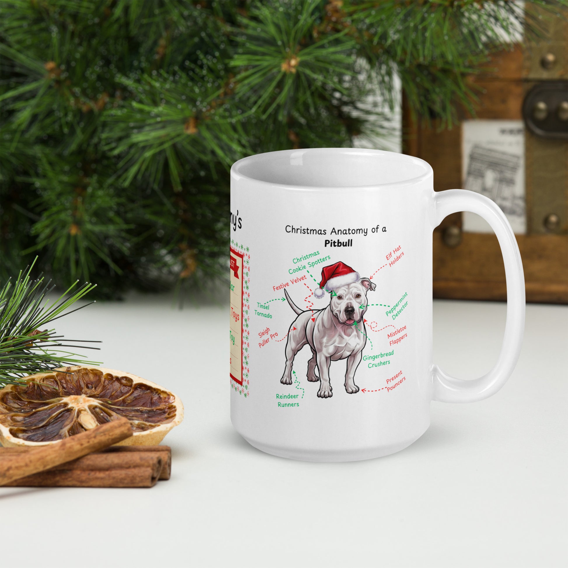 Pitbull (White) Christmas coffee mug, festive dog lover gift, personalized holiday dog anatomy cup