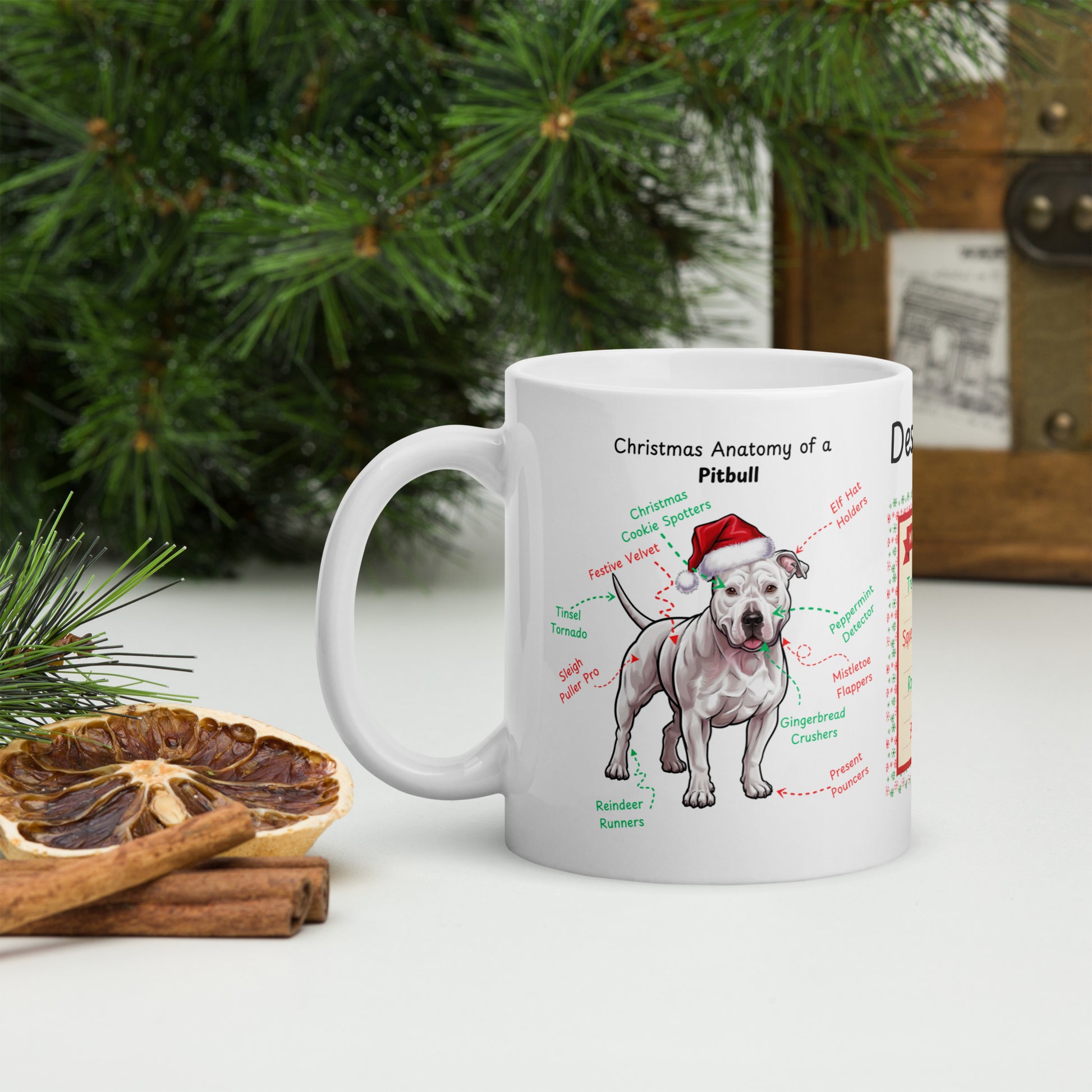 Pitbull (White) Christmas coffee mug, festive dog lover gift, personalized holiday dog anatomy cup