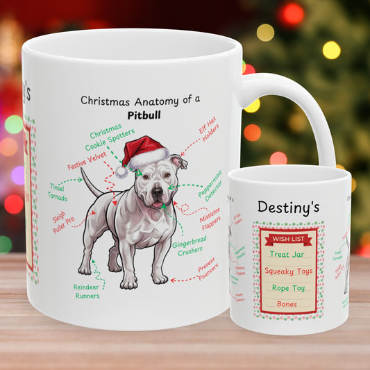 Pitbull (White) Christmas coffee mug, festive dog lover gift, personalized holiday dog anatomy cup