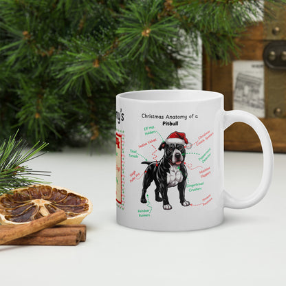 Pitbull (Black & White) Christmas mug, custom dog anatomy coffee cup, funny holiday gift for Pitbull fans