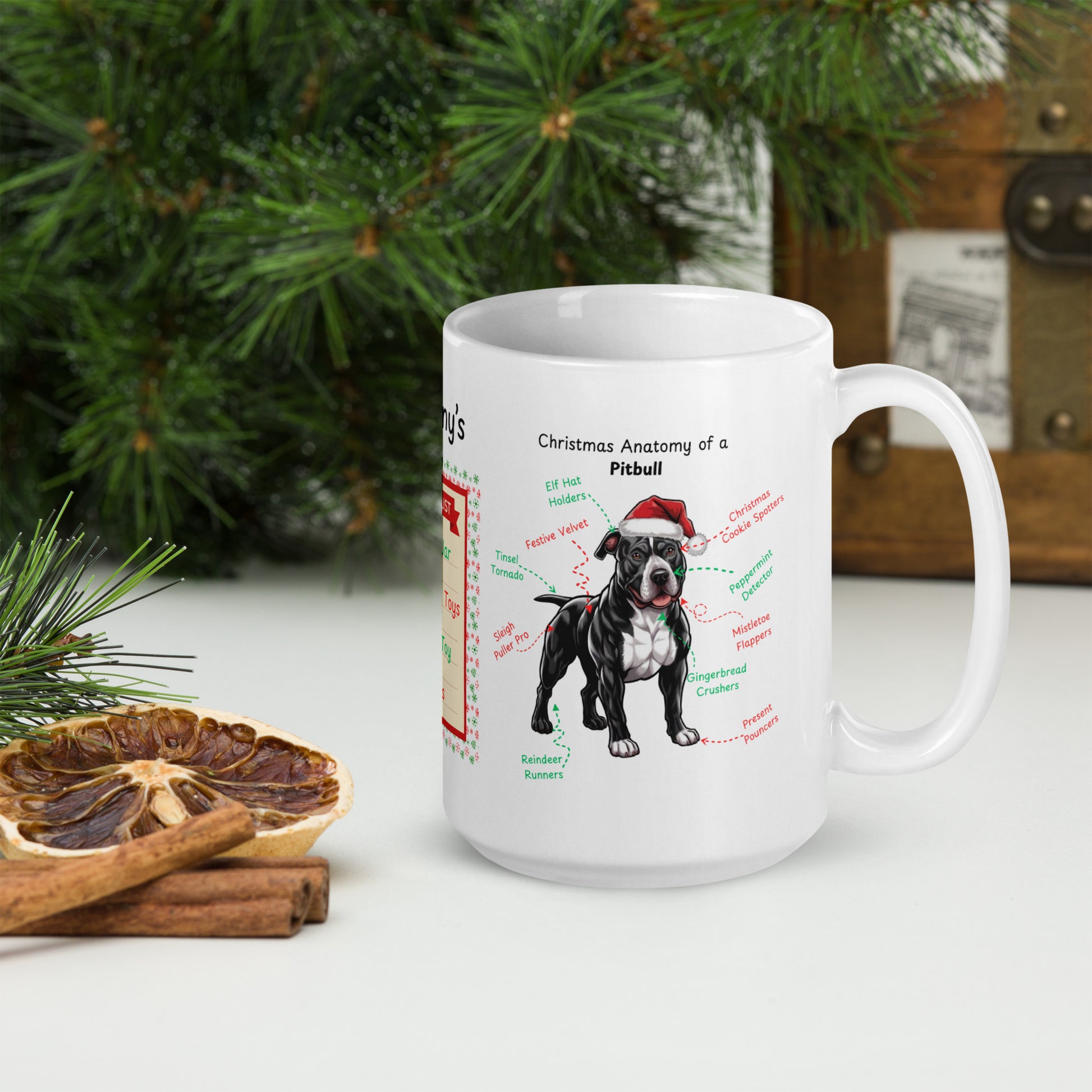 Pitbull (Black & White) Christmas mug, custom dog anatomy coffee cup, funny holiday gift for Pitbull fans