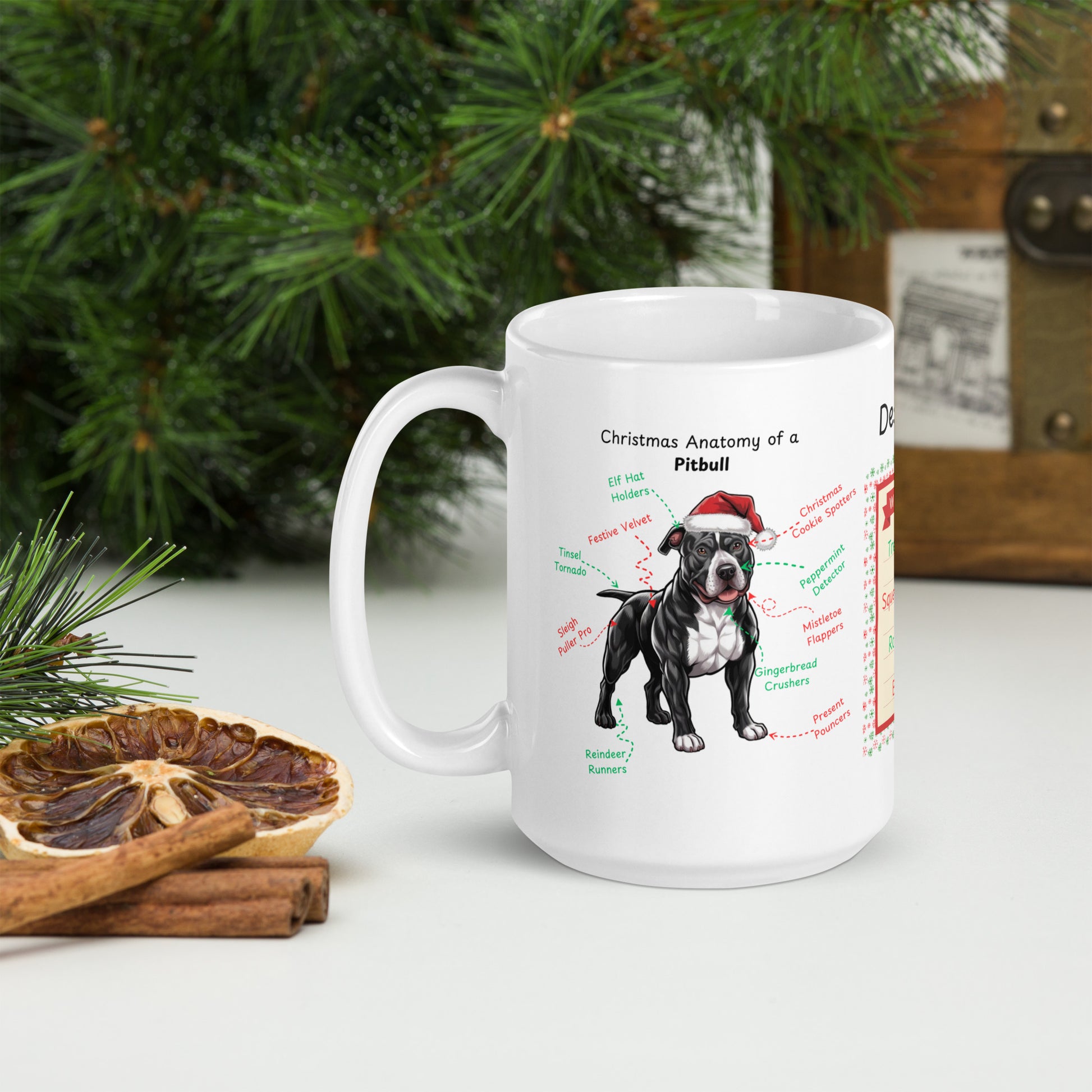 Pitbull (Black & White) Christmas mug, custom dog anatomy coffee cup, funny holiday gift for Pitbull fans