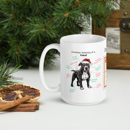 Pitbull (Black & White) Christmas mug, custom dog anatomy coffee cup, funny holiday gift for Pitbull fans