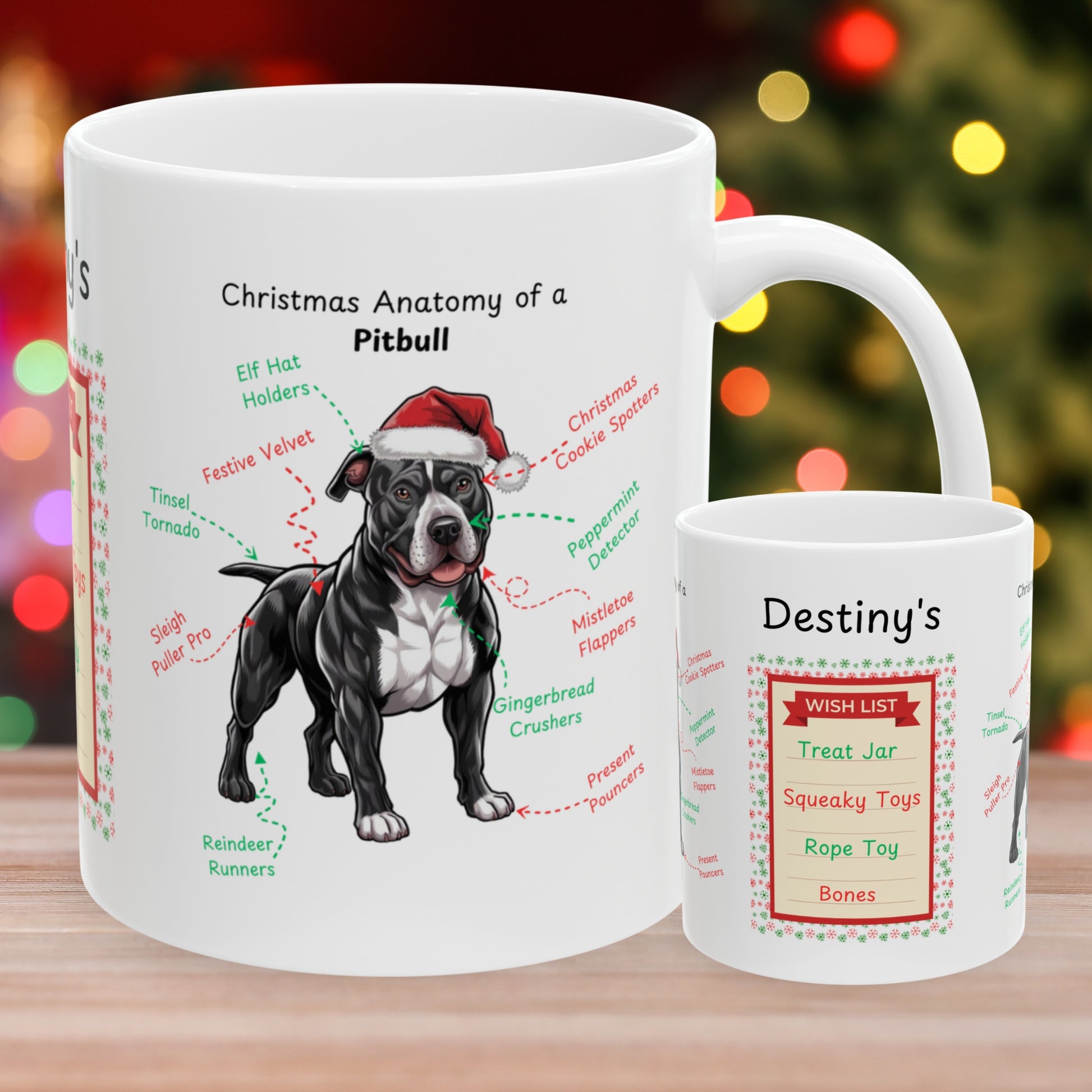 Pitbull (Black & White) Christmas mug, custom dog anatomy coffee cup, funny holiday gift for Pitbull fans