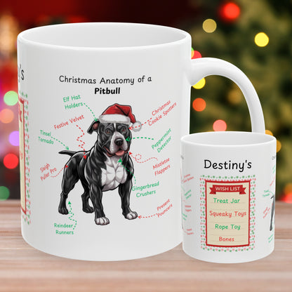 Pitbull (Black & White) Christmas mug, custom dog anatomy coffee cup, funny holiday gift for Pitbull fans