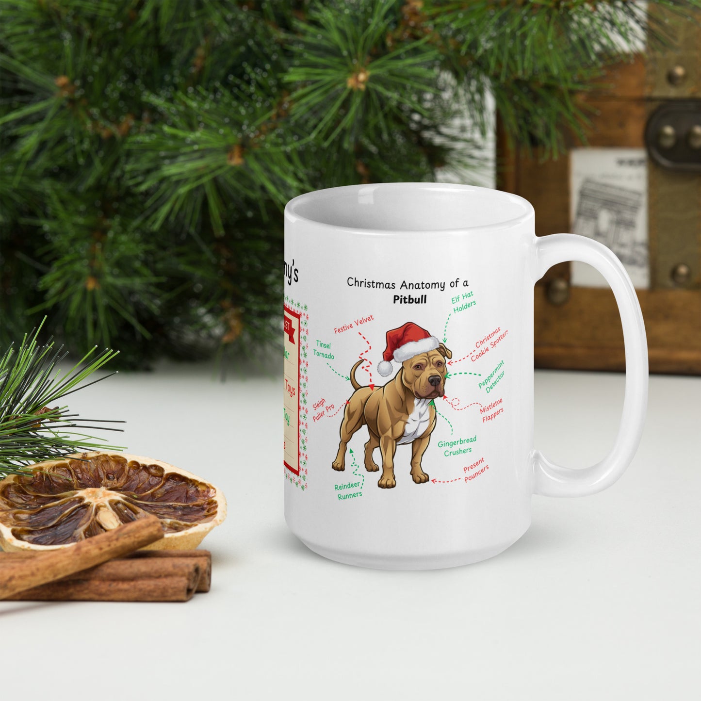 Pitbull (Buckskin) Christmas mug, personalized dog anatomy coffee cup, funny holiday gift for Pit Bull lovers