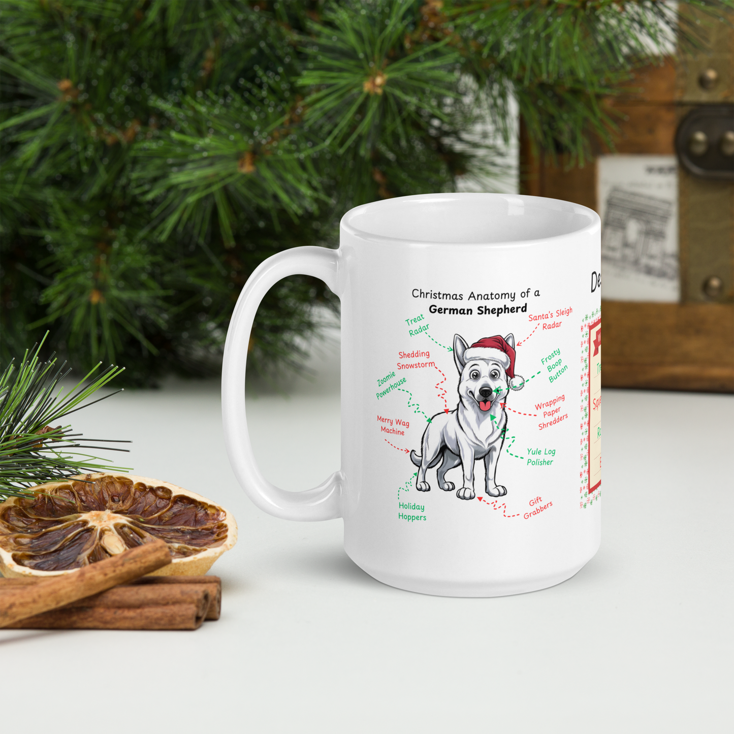 German Shepherd (White) Christmas Mug - Personalized holiday coffee cup for dog owners and GSD lovers