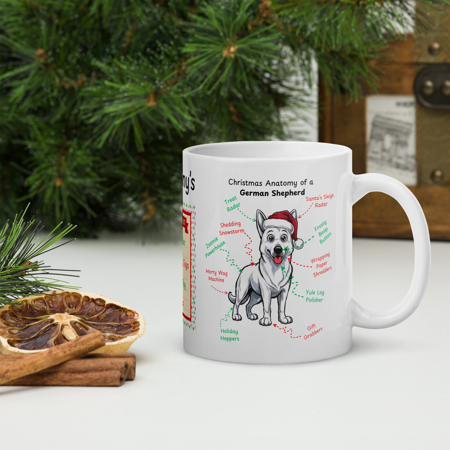 German Shepherd (White) Christmas Mug - Personalized holiday coffee cup for dog owners and GSD lovers