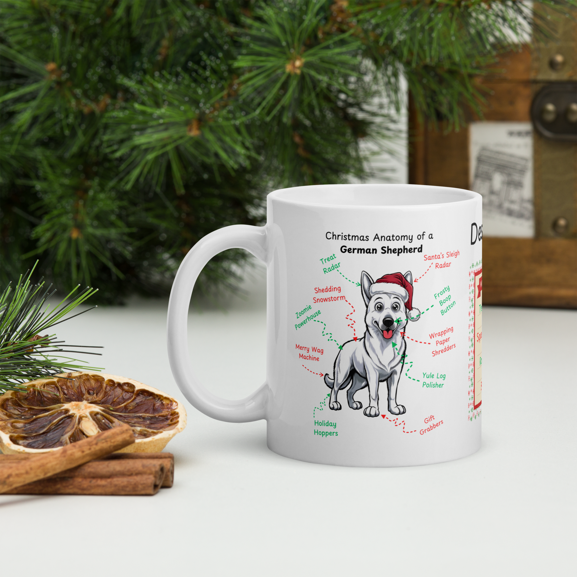 German Shepherd (White) Christmas Mug - Personalized holiday coffee cup for dog owners and GSD lovers
