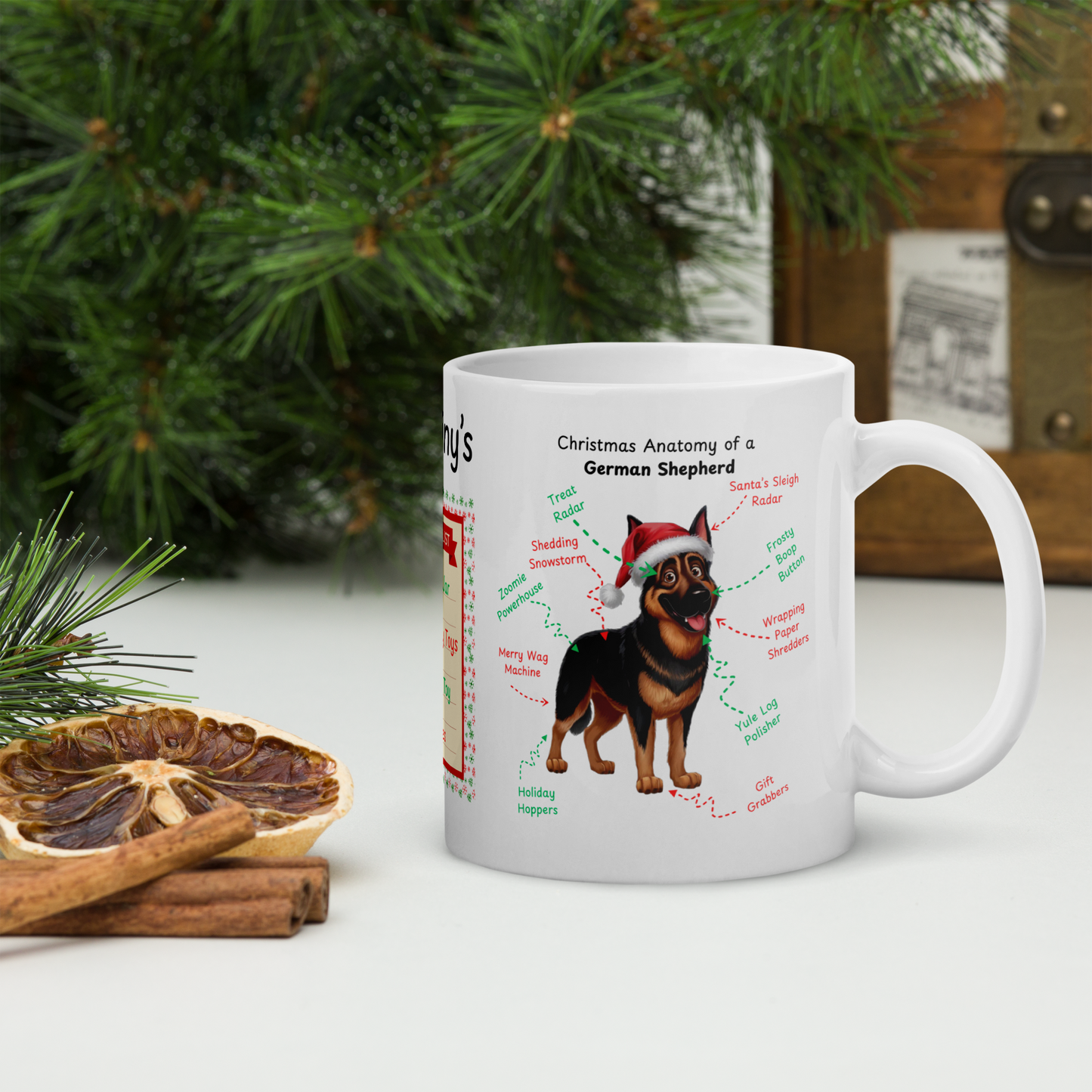 German Shepherd (Black & Rust) Christmas Mug - Custom dog anatomy coffee cup, perfect holiday gift