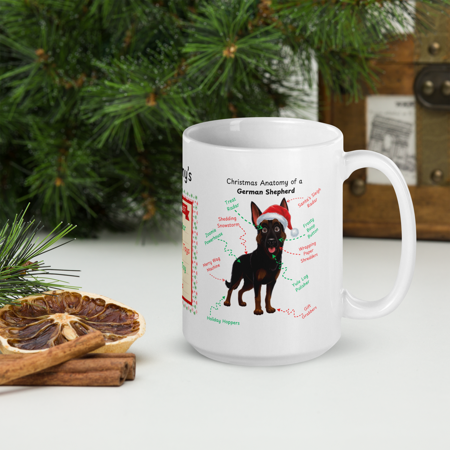 German Shepherd (Bi-Color) Christmas Mug - Personalized holiday coffee cup, festive gift for GSD owners