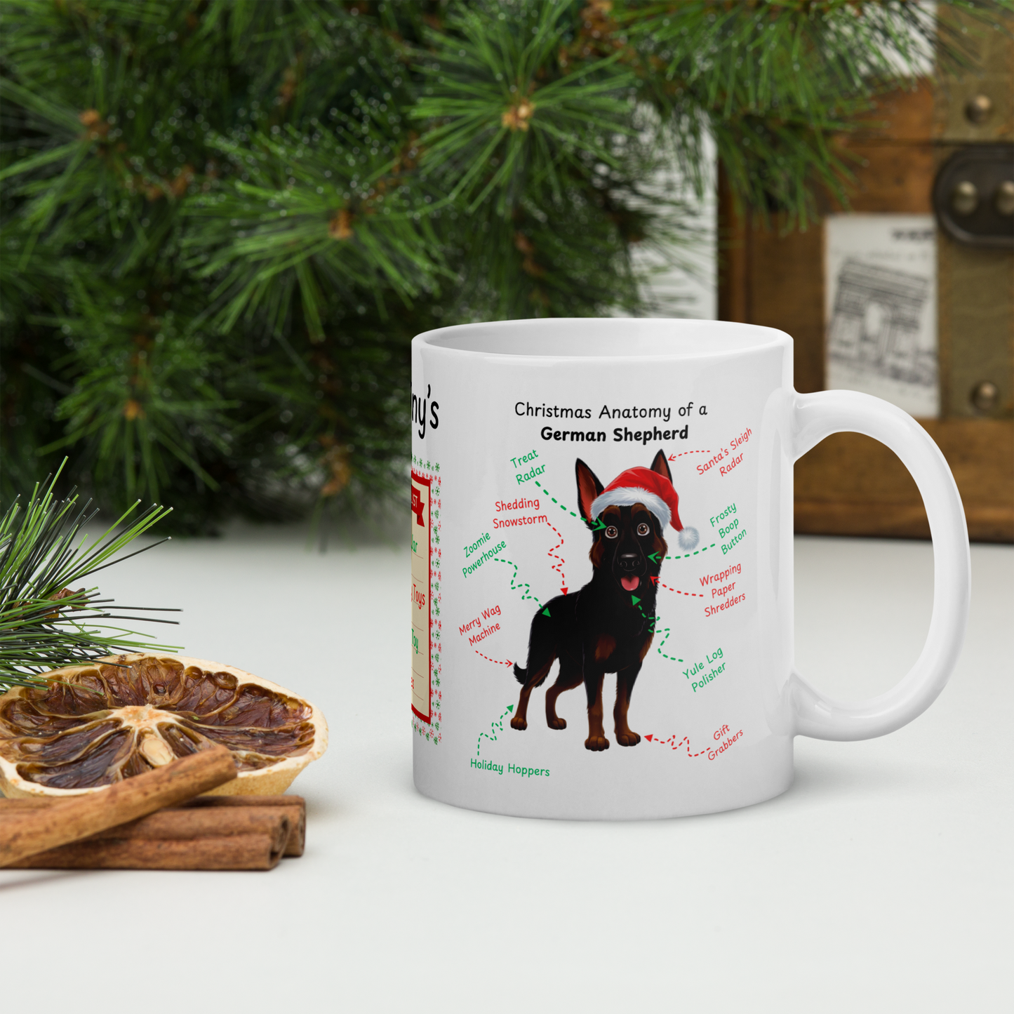 German Shepherd (Bi-Color) Christmas Mug - Personalized holiday coffee cup, festive gift for GSD owners