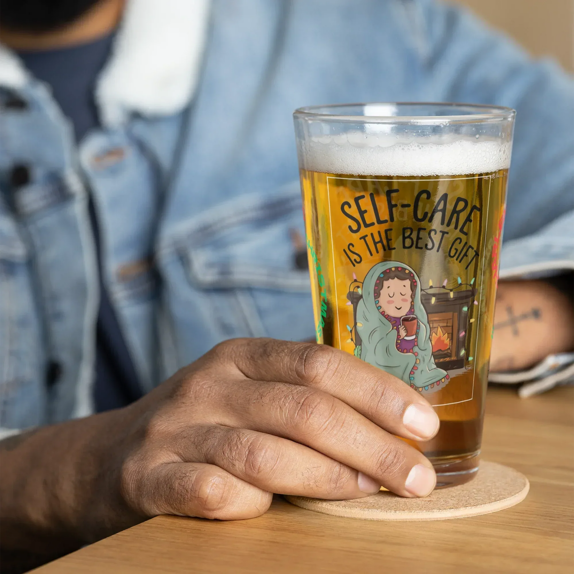 Shop our premium self care is the best gift christmas pint glass from MySisterIsASurvivor.