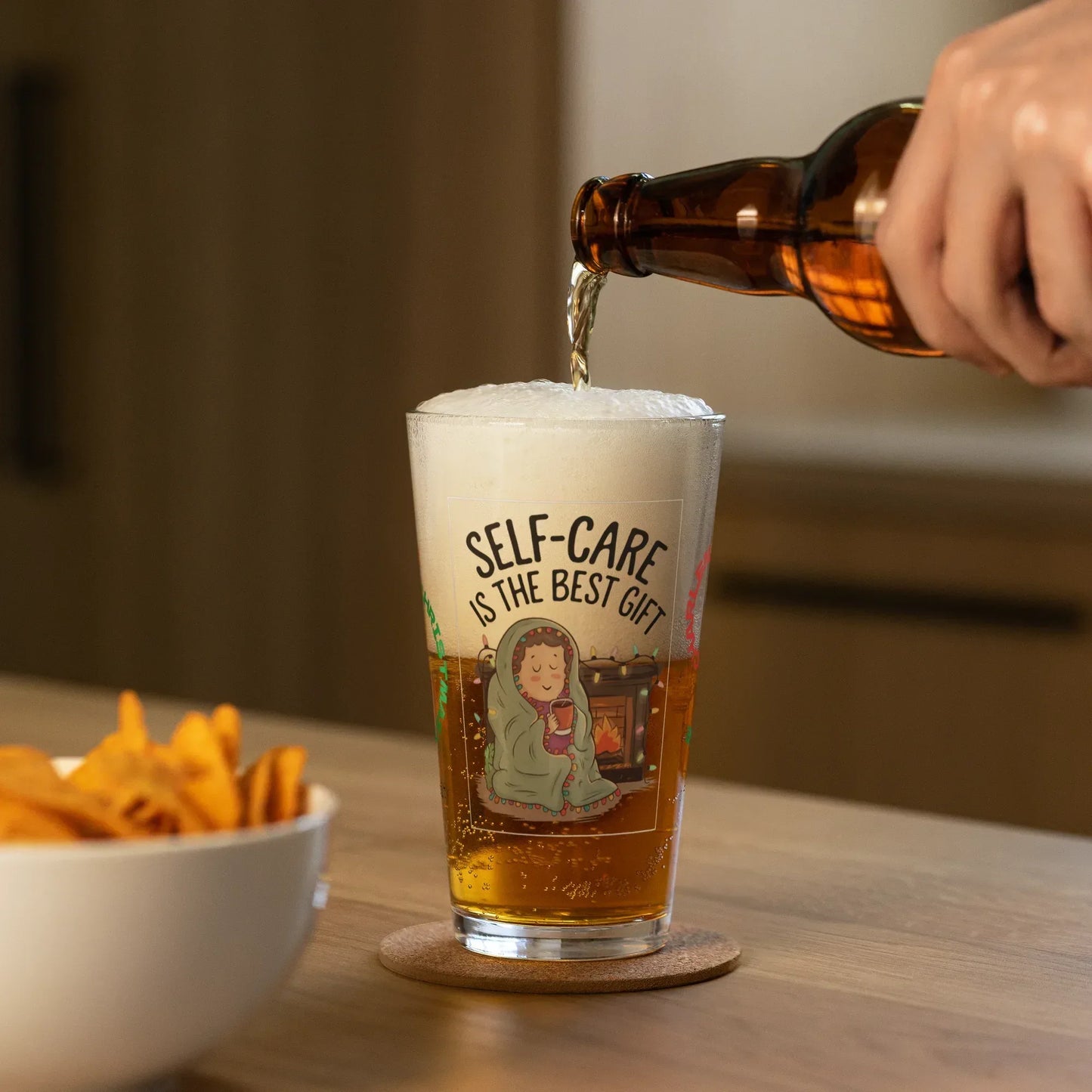 Shop our premium self care is the best gift christmas pint glass from MySisterIsASurvivor.