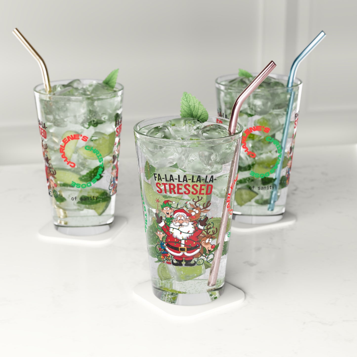 Fa La La La La Stressed - Christmas mental health humor pint glass, holiday stress relief