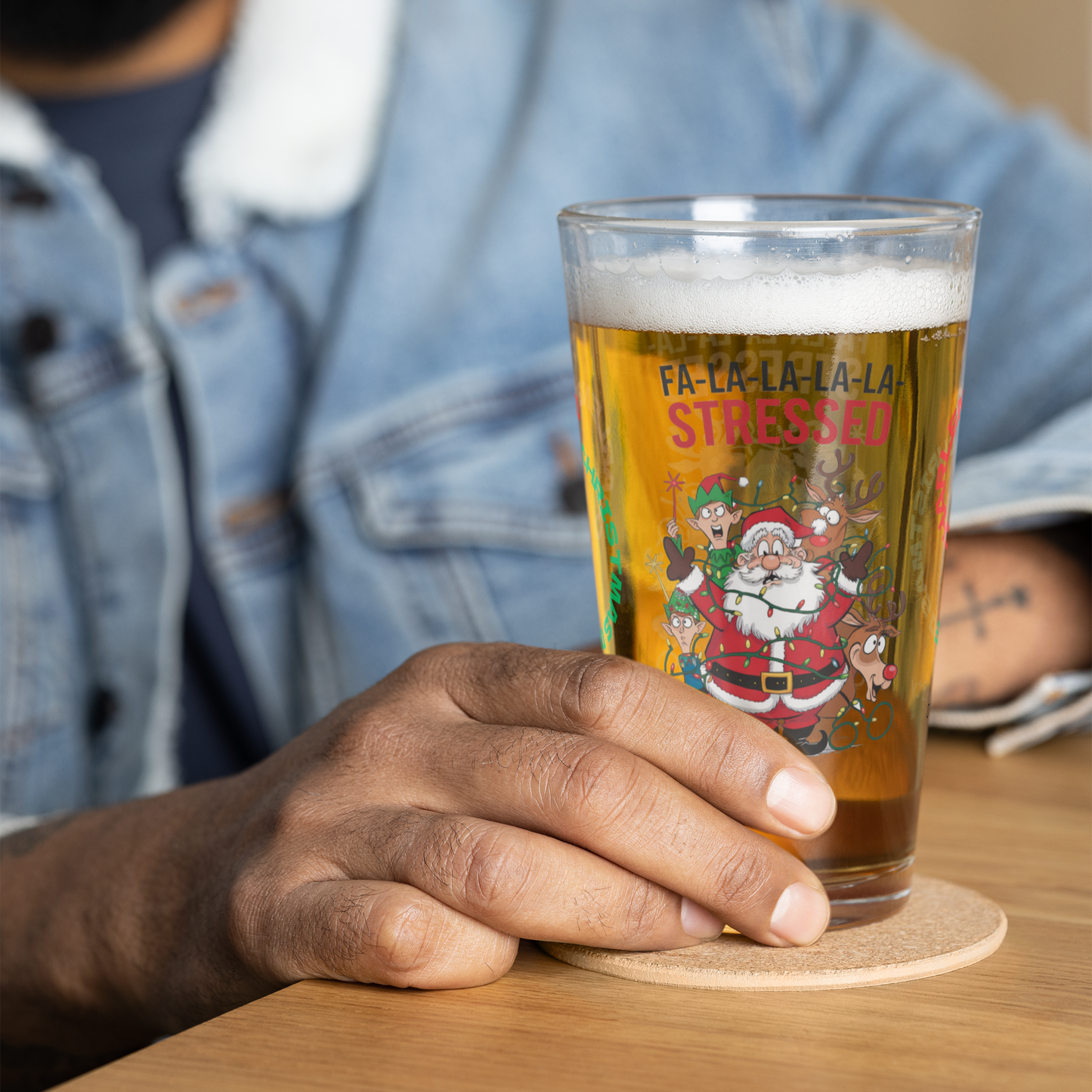 Fa La La La La Stressed - Christmas mental health humor pint glass, holiday stress relief