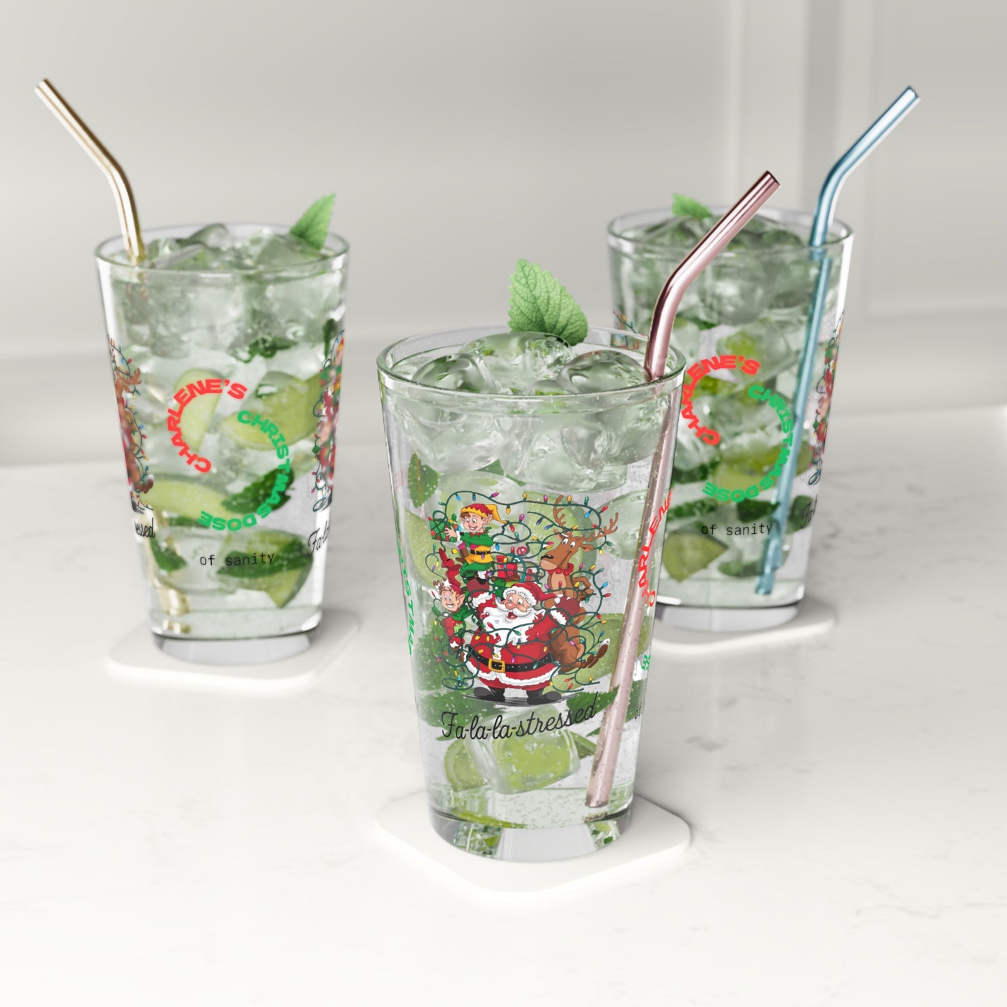 Fa La La Stressed - Funny holiday Christmas pint glass, mindful self-care gift