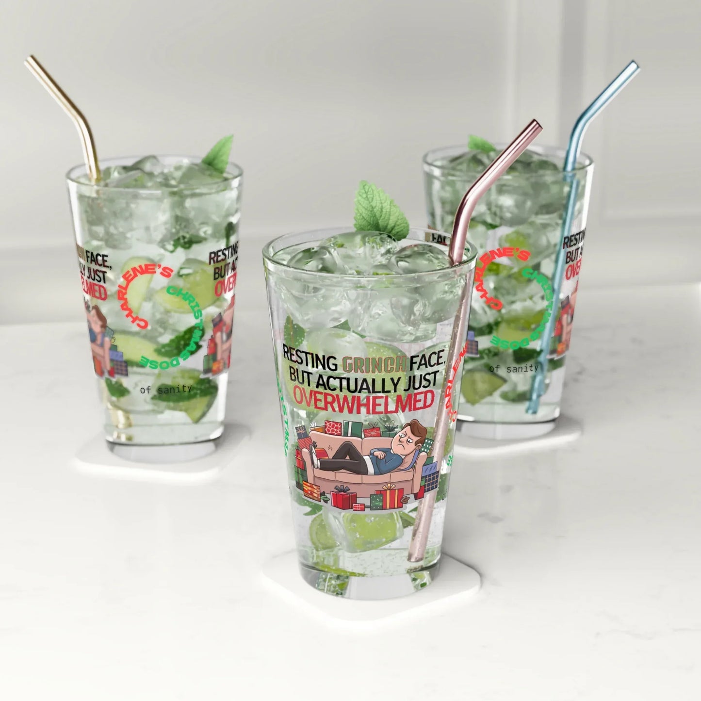 Shop our premium resting grinch face christmas pint glass from MySisterIsASurvivor.