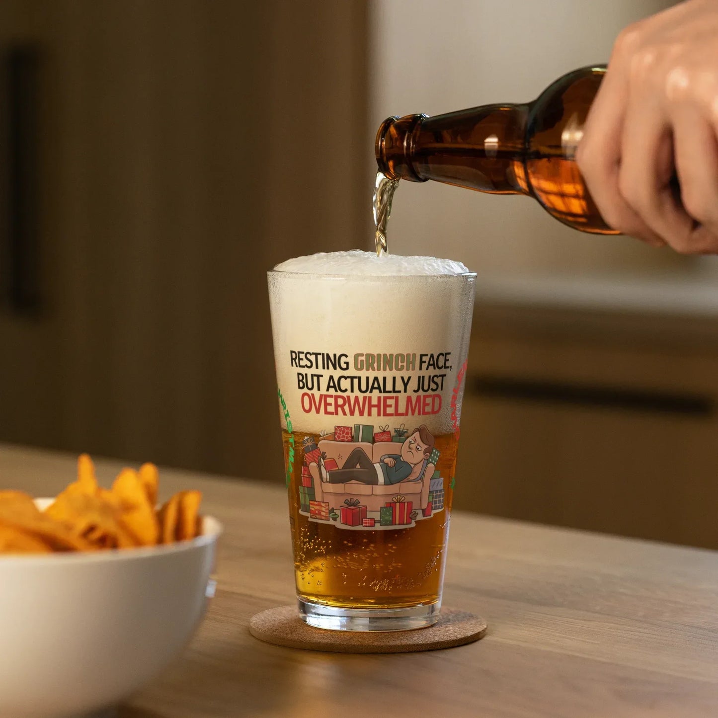 Shop our premium resting grinch face christmas pint glass from MySisterIsASurvivor.