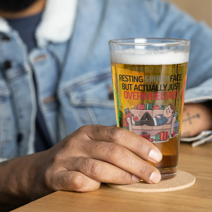 Shop our premium resting grinch face christmas pint glass from MySisterIsASurvivor.