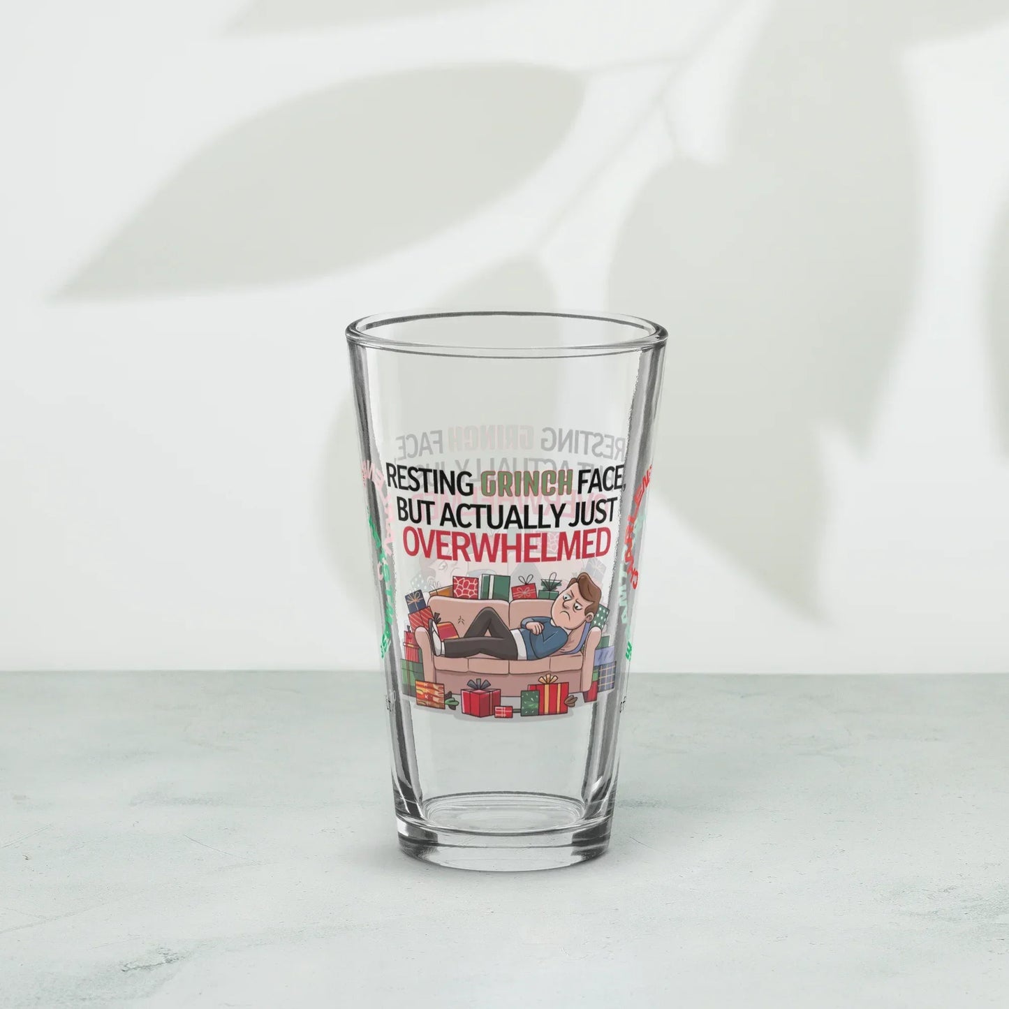 Shop our premium resting grinch face christmas pint glass from MySisterIsASurvivor.
