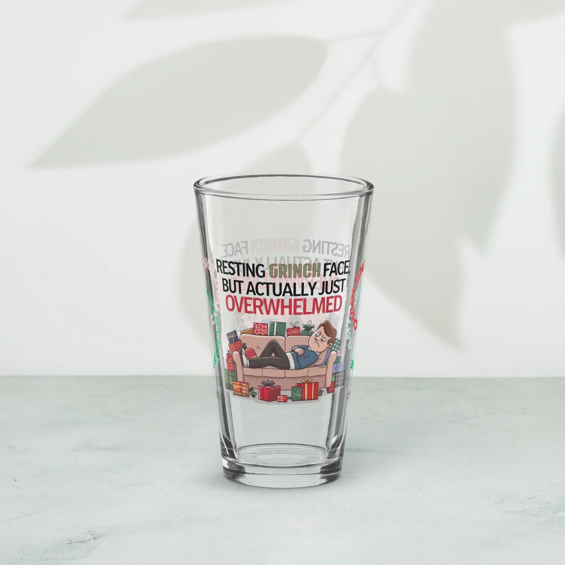Shop our premium resting grinch face christmas pint glass from MySisterIsASurvivor.