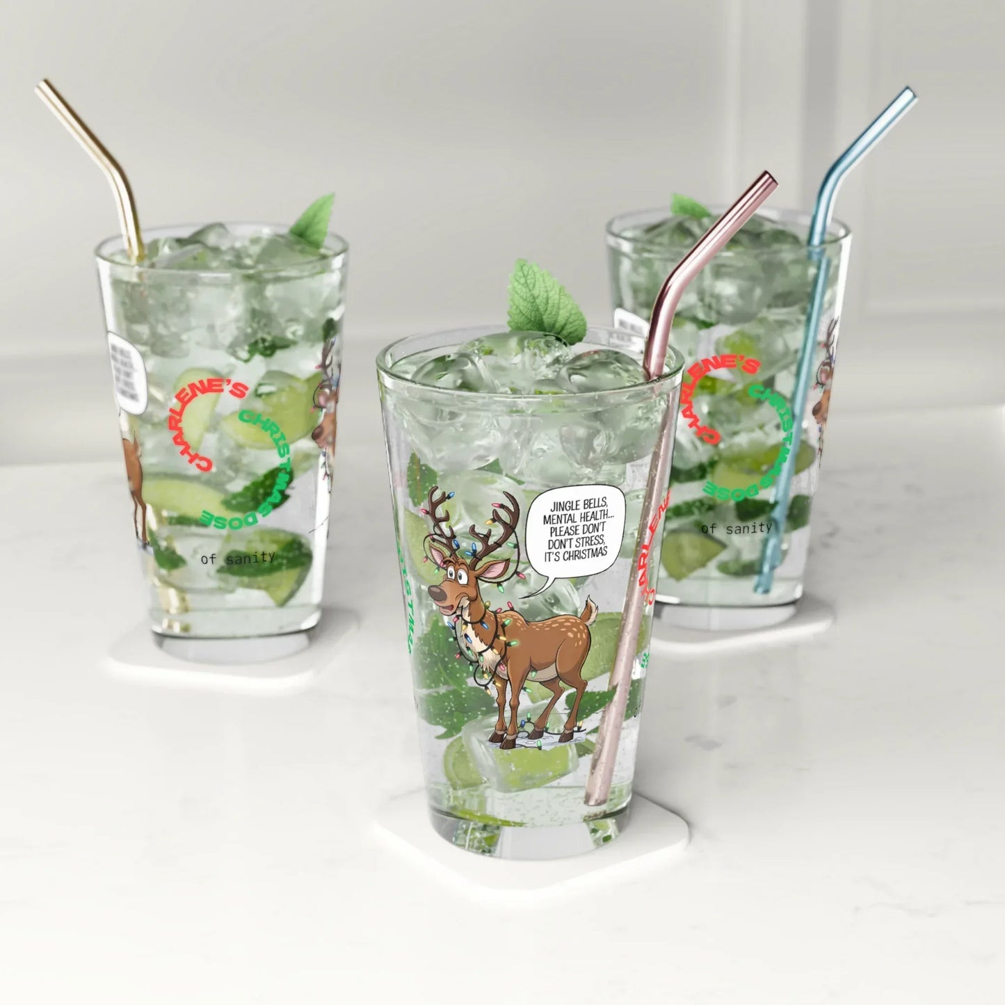 Shop our premium jingle bells mental health christmas pint glass from MySisterIsASurvivor.