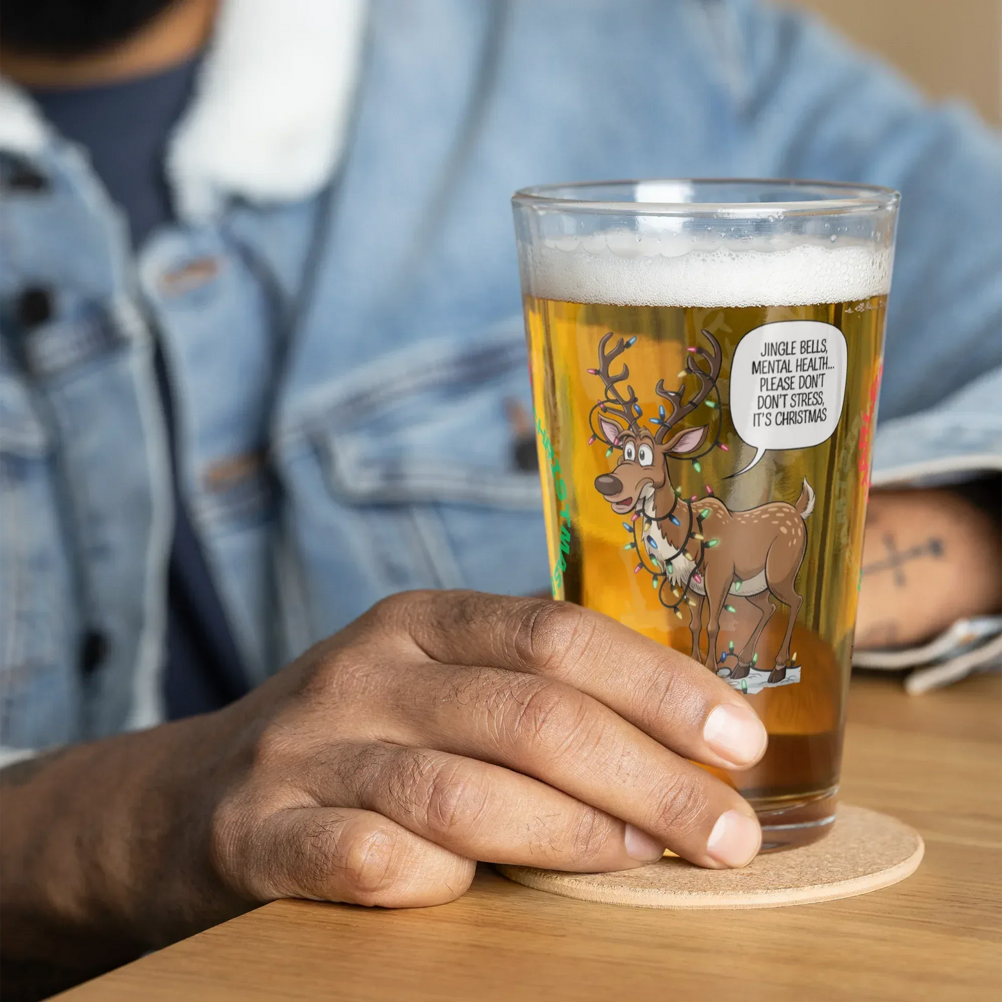 Shop our premium jingle bells mental health christmas pint glass from MySisterIsASurvivor.