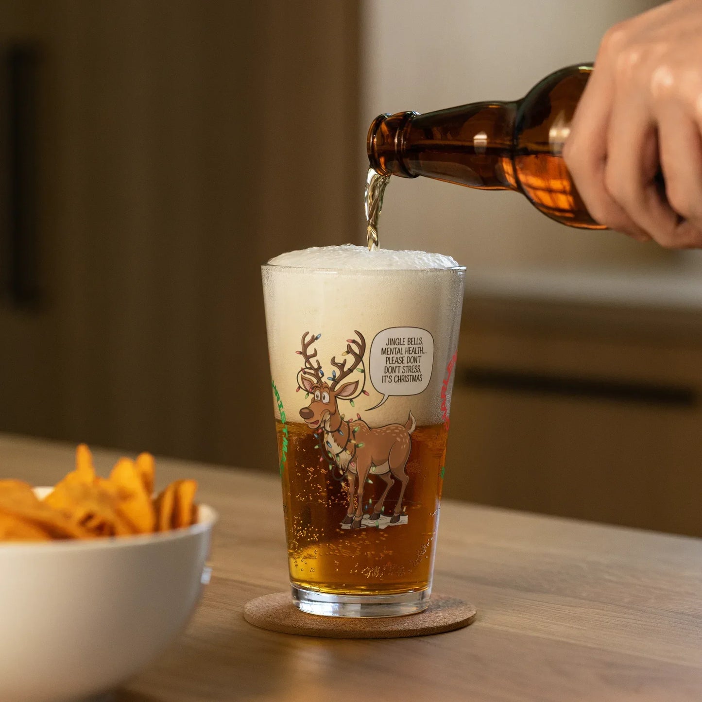 Shop our premium jingle bells mental health christmas pint glass from MySisterIsASurvivor.